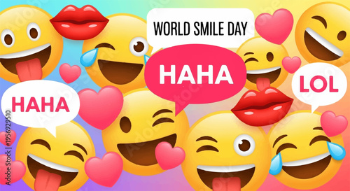 Set of colorful laughing emojis vector for World Smile Day