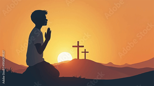 Silhouette of man praying with cross at sunset vector