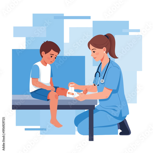 Nurse bandaging injured leg of sad boy sitting on examination table in clinic