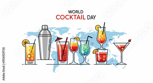 Set of 7 cocktail icons vector, World Cocktail Day