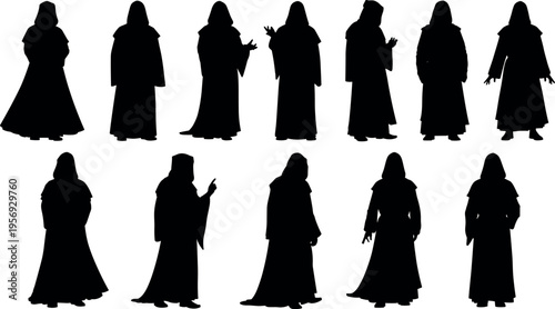 Set of hooded monk silhouettes in various poses including priest cleric druid and mysterious wizard figures for fantasy and religious design