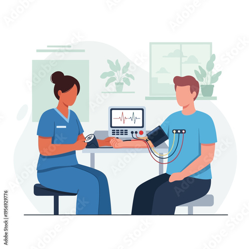 Nurse checking patient's vital signs with medical equipment in clinic