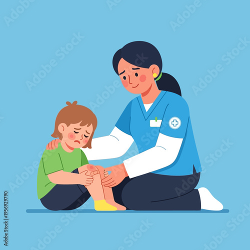Nurse comforting injured child with scraped knee, healthcare, kindness, and support