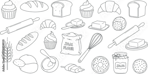 Set of bakery and pastry shop vector line art illustrations with bread, cupcakes, croissant, and baking tools