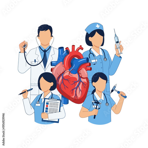 Medical Team Surrounding Human Heart: Doctors, Nurses, Cardiology, Healthcare Professionals