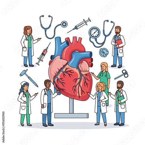 Medical Team Surrounding Human Heart Model with Medical Instruments