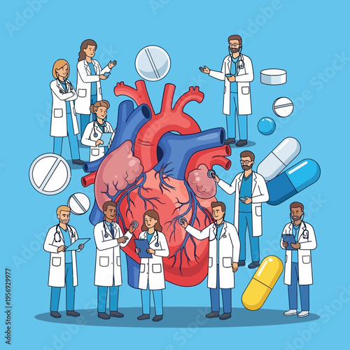 Medical Team Surrounding Human Heart with Pills and Capsules, Cardiology Concept