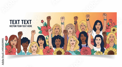 Vector illustration of diverse women with fists raised and flowers