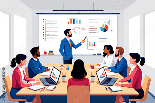 A man presenting to a group of people sitting around a table