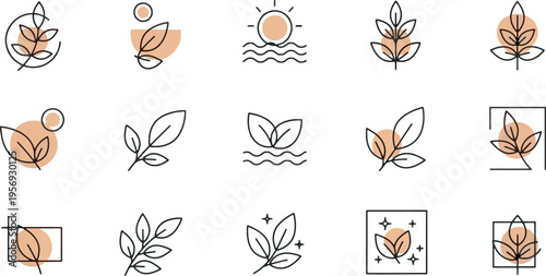Minimalist botanical leaf logo icons set with geometric shapes and line art for organic branding