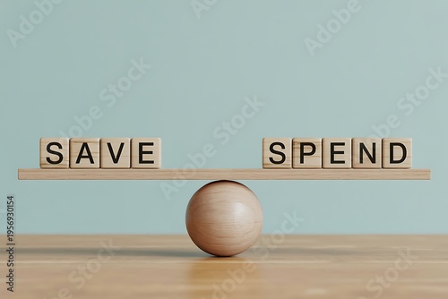 Achieving financial balance between saving and spending with wooden blocks on a seesaw demonstrating prudent choices