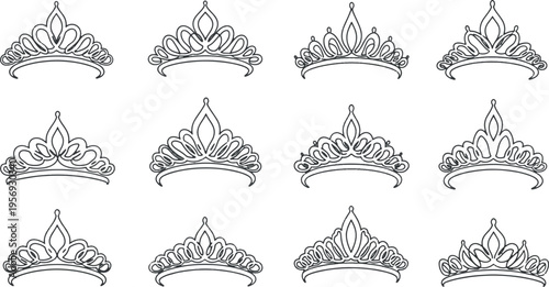 Set of elegant luxury tiara and crown vector line art illustrations for princess and queen