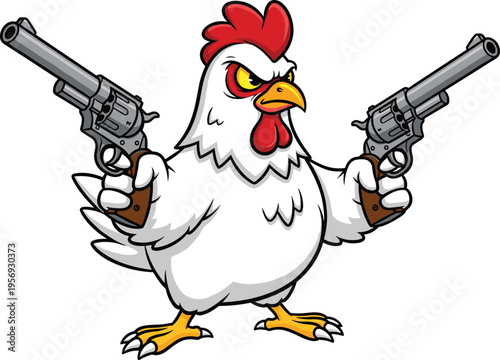 Angry chicken mascot holding revolvers cartoon character aggressive rooster gangster style animal vector illustration isolated