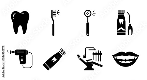 Collection of eight black dental and oral hygiene icons featuring a molar tooth, toothbrush, dental mirror, dental chair, toothpaste tube, dental drill, and a smiling mouth with teeth.