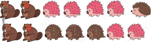 Cute beaver and hedgehog characters collection with different poses woodland animals cartoon flat vector illustration set isolated