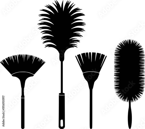 Collection of Black Silhouettes of Different Duster Brushes White Background cleaning