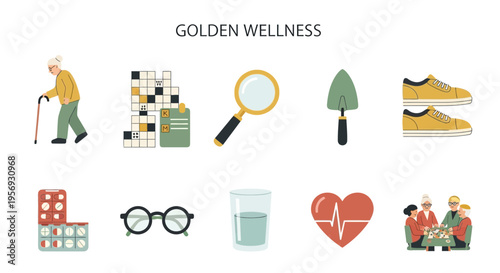 Elderly wellness and healthcare concept icons.