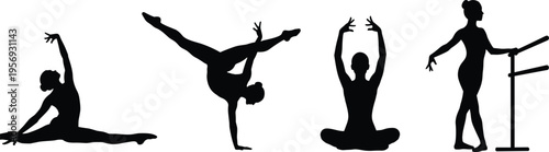 Ballet dancer silhouette collection with stretching, handstand, seated pose and barre practice, graceful fitness vector set isolated on white