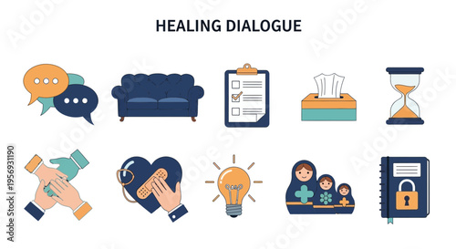 Healing dialogue and mental health symbols.
