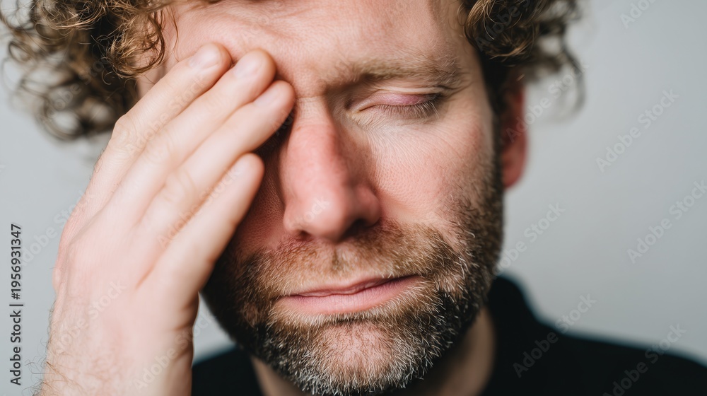 Fototapeta premium Pensive middle-aged Caucasian man with curly hair touching his forehead in distress, capturing the physical symptoms of mental health struggles, chronic headaches, and professional burnout
