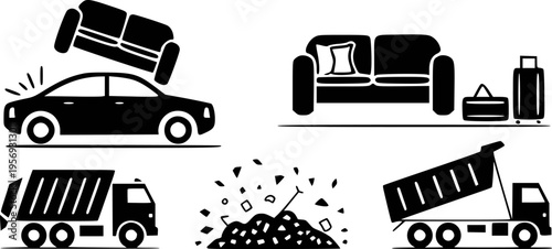 Collection of depicting furniture removal and waste disposal services truck