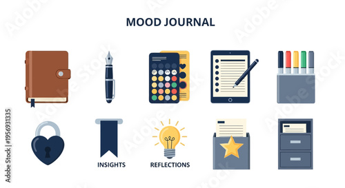 Mood journal and mental health icons.
