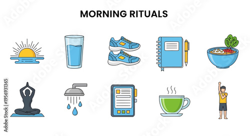 Morning rituals daily routine icons set.