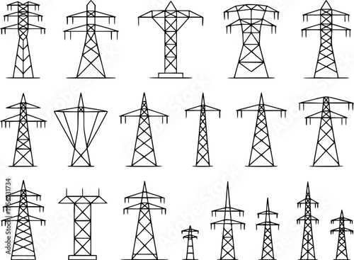 Collection of various electricity pylon in black outline a white background tower