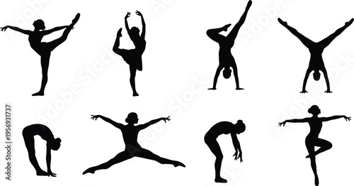 Ballet dancer silhouette collection with stretching, split leap, arabesque and handstand poses, graceful performance vector set isolated on white