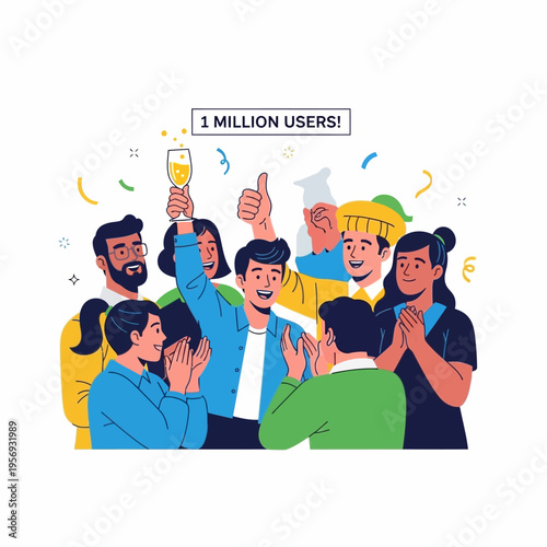 1 Million Users Celebration: Diverse Group Cheering and Clapping with Champagne