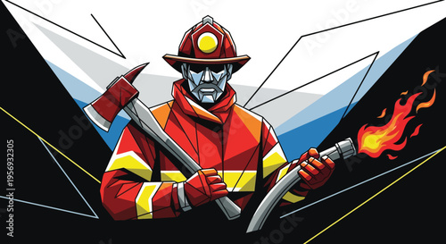 Brave Firefighter Ready for Action with Axe and Burning Hose