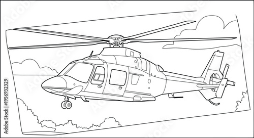 Detailed Helicopter Flying Line Art Illustration for Children's Coloring Activity