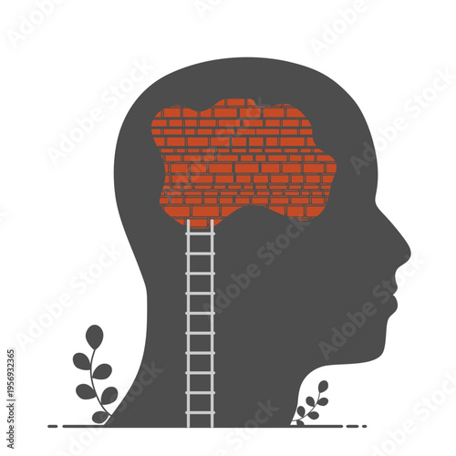 Male head. Psychological and mental health symbol of mental prison and restriction. Fixed mindset. Locked mind. Brick wall inside human head.