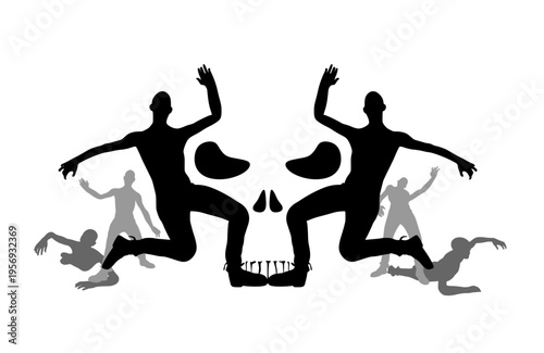 Zombies or skull face. Optical illusion. Human make silhouette of skull.