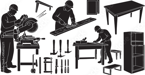 Workers assembling furniture with tools and equipment in workshop