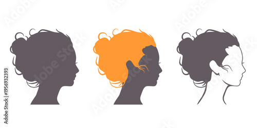 Young women face side view icon silhouettes set. Elegant silhouettes of a female head. Avatar profile sign