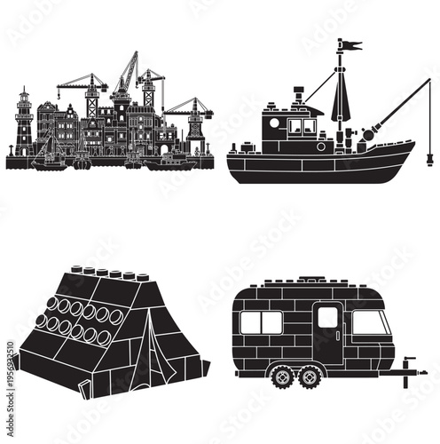 Diverse building blocks create imaginative structures: cityscape, boat, tent, and caravan.