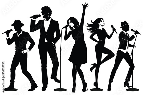 A black and white silhouette illustration of five performers on a white background