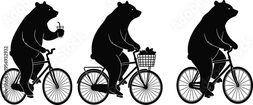 Black silhouette vector of bears riding bicycles with drink, basket, and playful poses, symbolizing fun, creativity, humor, and anthropomorphic adventure