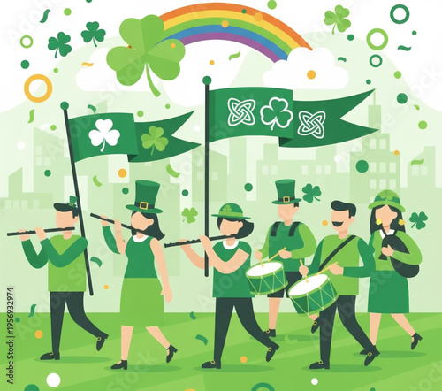 A fun cartoon illustration of a boy and children playing soccer in a green city park with trees and family during a sunny summer day