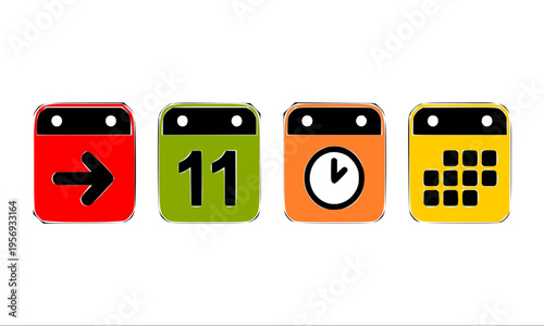 Set of four bold colorful calendar app icons in red, green, orange, and yellow with arrow, date, clock, and grid symbols, perfect for mobile app UI, scheduling, time management,