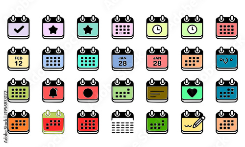 Large collection of colorful flat design calendar icons featuring dates, checkmarks, stars, clocks, notification badges, and event markers, perfect for app UI, planner, scheduling, and time management