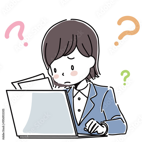書類を見ながらパソコンに入力する困った顔の女性のイラスト