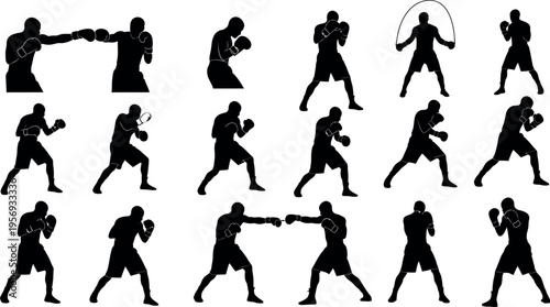 Collection of black silhouettes depicting various boxing stances and movements in a grid pattern on a white background