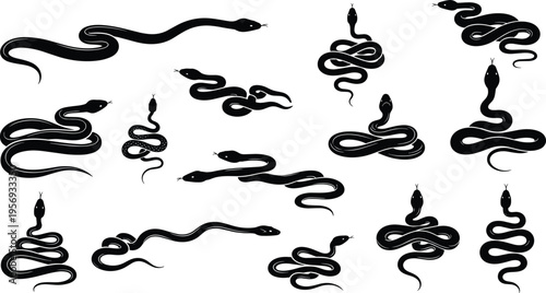 A comprehensive set of black snake silhouettes with white decorative patterns, featuring various coiled and slithering poses isolated on a clean white background.