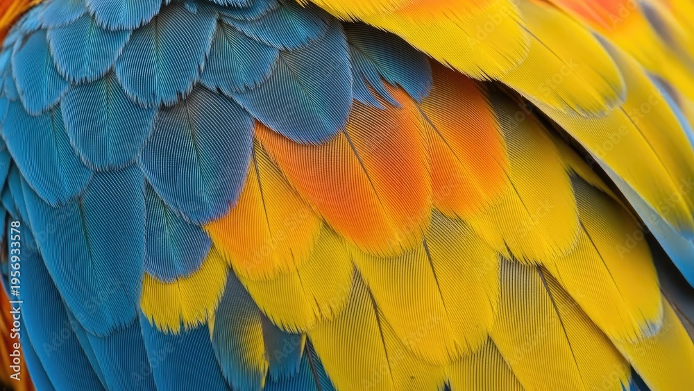 Obraz premium A vibrant display of colorful parrot feathers in shades of blue, yellow, and orange