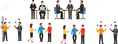 Business people meeting and communication collection with office teamwork discussion interview and juggling skills flat vector illustration set