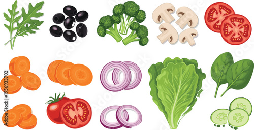 A large set of fresh vegetable slices including tomatoes carrots onions cucumber olives broccoli and lettuce leaves isolated on white background for healthy food.