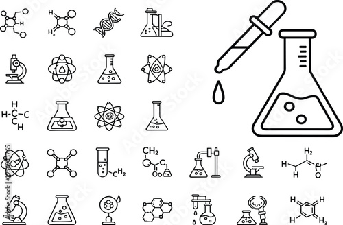 Chemistry science icon set with laboratory equipment molecules test tubes microscope and lab tools outline vector illustration collection
