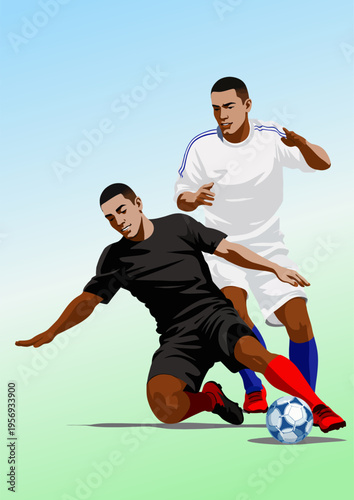 075-13-Two football athletes making a sliding tackle for the ball on a green field